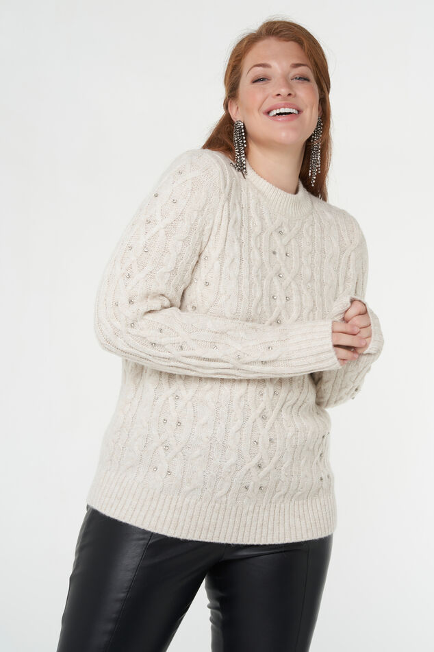 Damen Zopfstrick-Pullover mit Verzierungen Creme | MS Mode