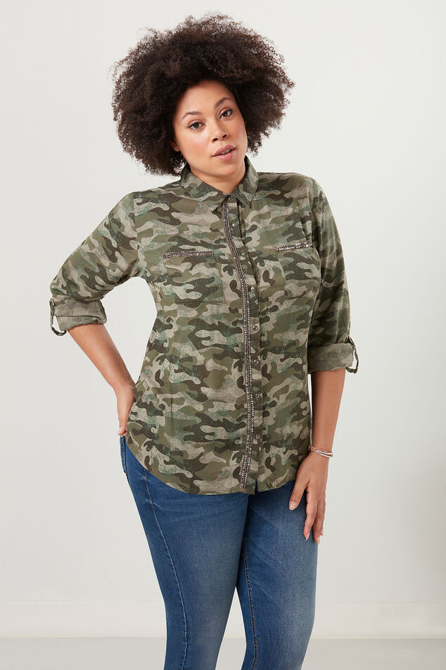 Damen Bluse mit Camouflage-Print und Pailletten | MS Mode